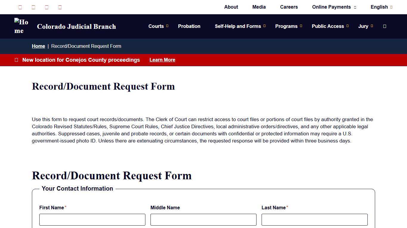 Record/Document Request Form Colorado Judicial Branch