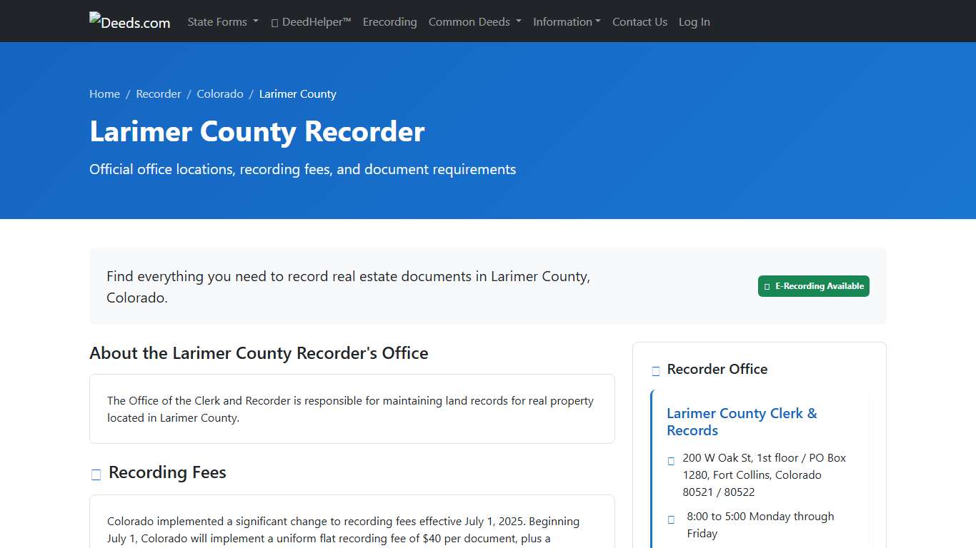 Larimer County Recorder Information, Colorado - Deeds.com
