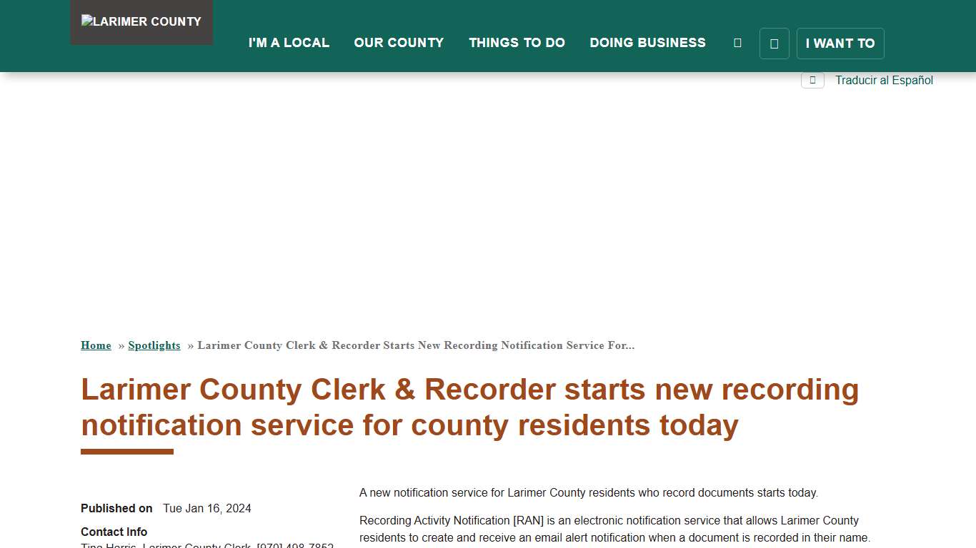Larimer County Clerk & Recorder starts new recording notification service for county residents today Larimer County